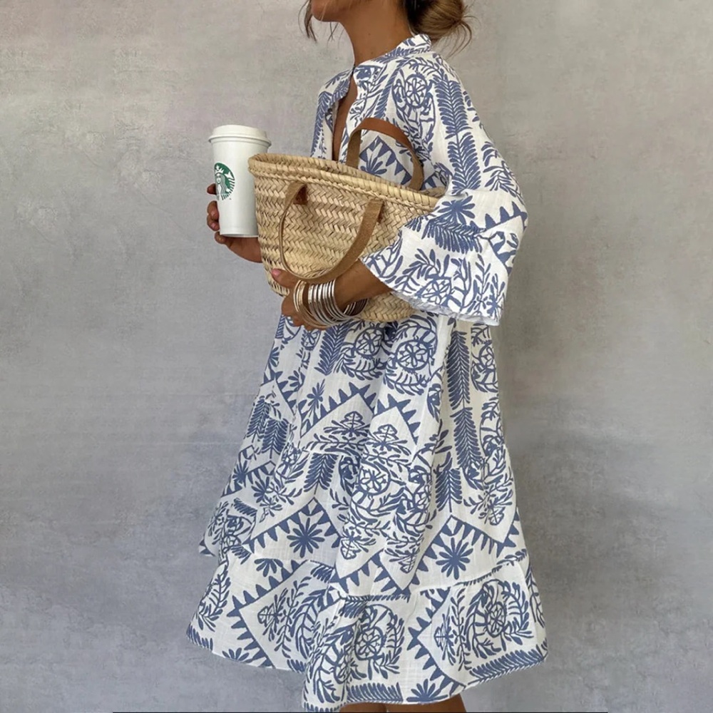 Chic Blue and White Floral Long Sleeve Dress